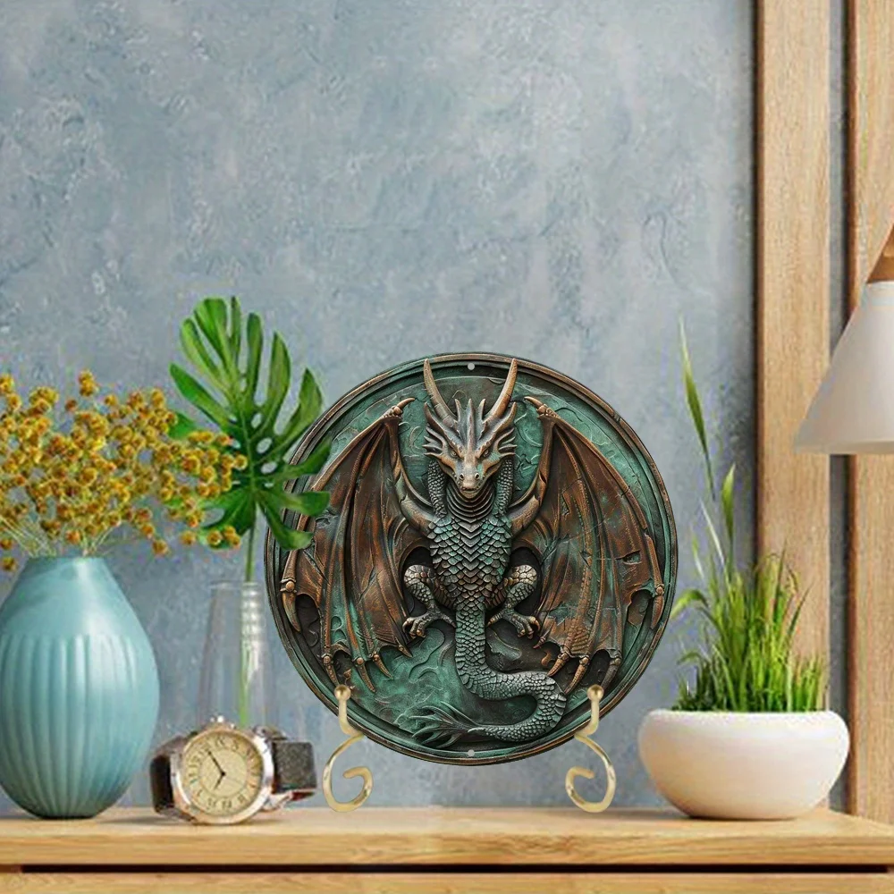 Dragon Design, Round Aluminum Sign, Rustic Vintage Style, for Home & Cafe Wall Decor, Unique Decorative Art Gift for Apartment