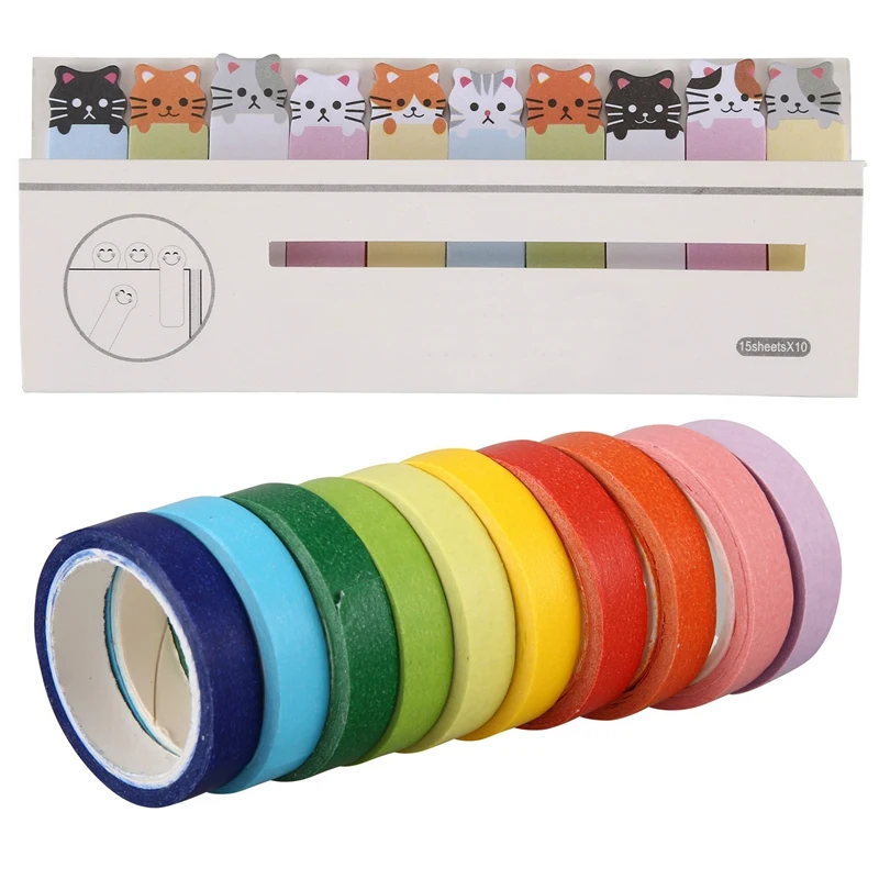 Pegatina de recordatorio, pegatina de animales de dibujos animados, marcapáginas, marcador, banderas, índice, notas adhesivas con cinta Washi decorativa, 10 rollos