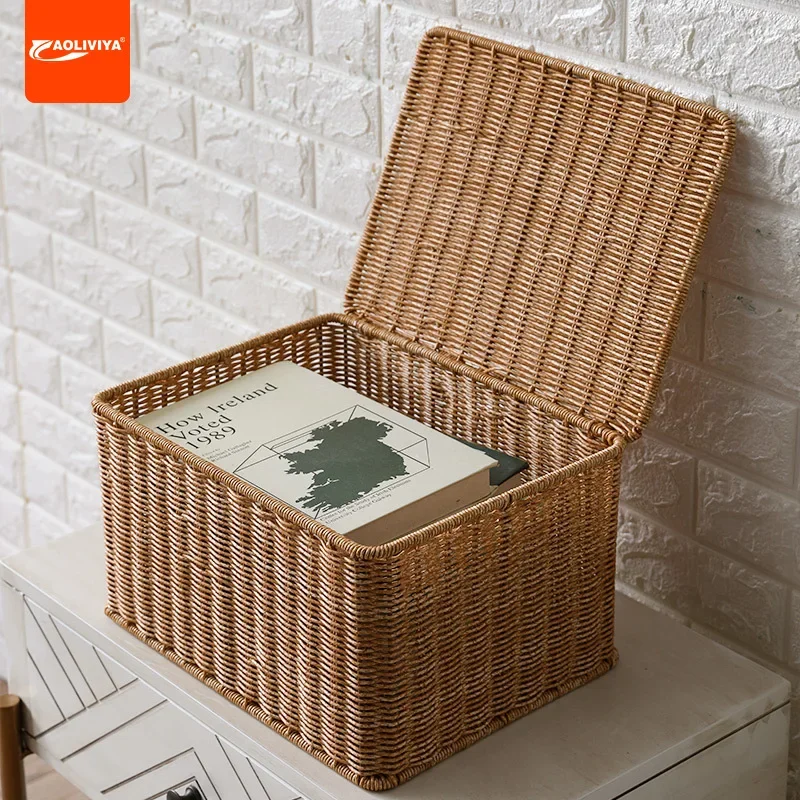 Aoliviya European-Style Storage Box Bedroom Clothes Storage Box with Lid Imitation Rattan Woven Outdoor Storage Basket Wardrobe