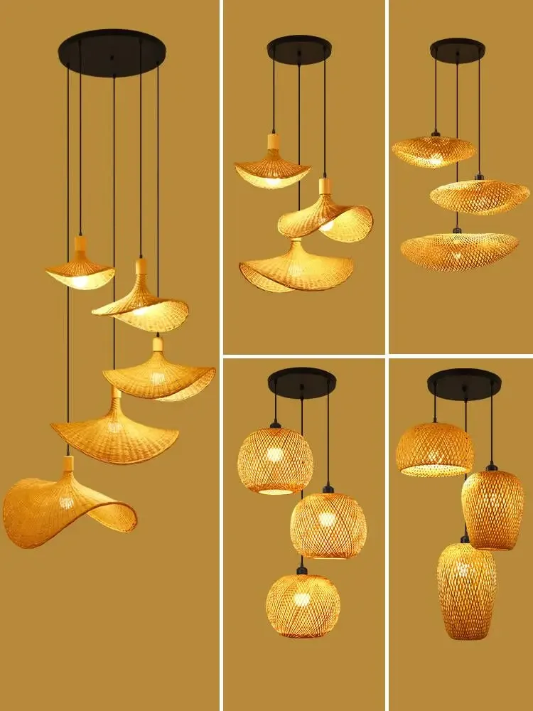 

Bamboo chandelier dining room bedroom living room bed and breakfast lantern Chinese retro rattan multi-head staircase bamboo art