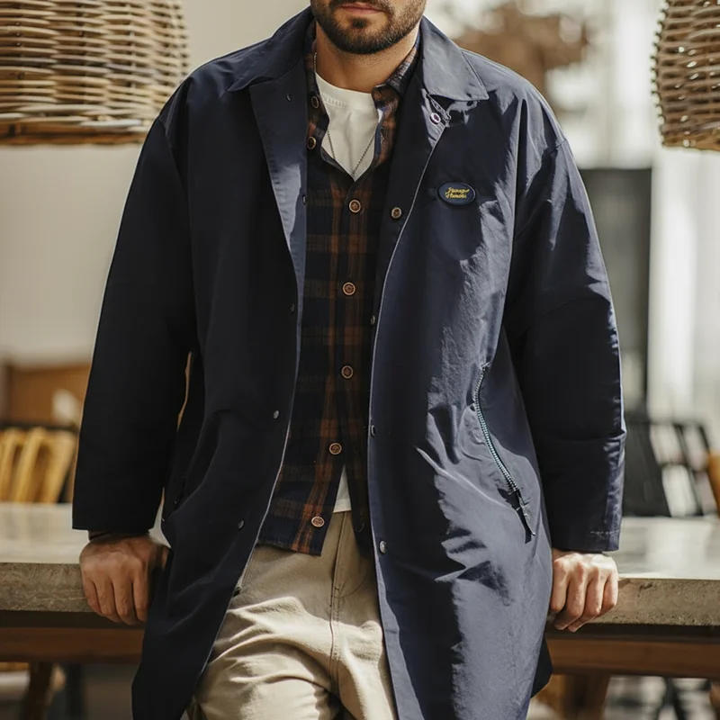 Maden Men's Vintage Balmacaan Waterproof Windbreaker Coat Single-Breasted Mid-Length Classic Collar Jacket for Spring and Autumn