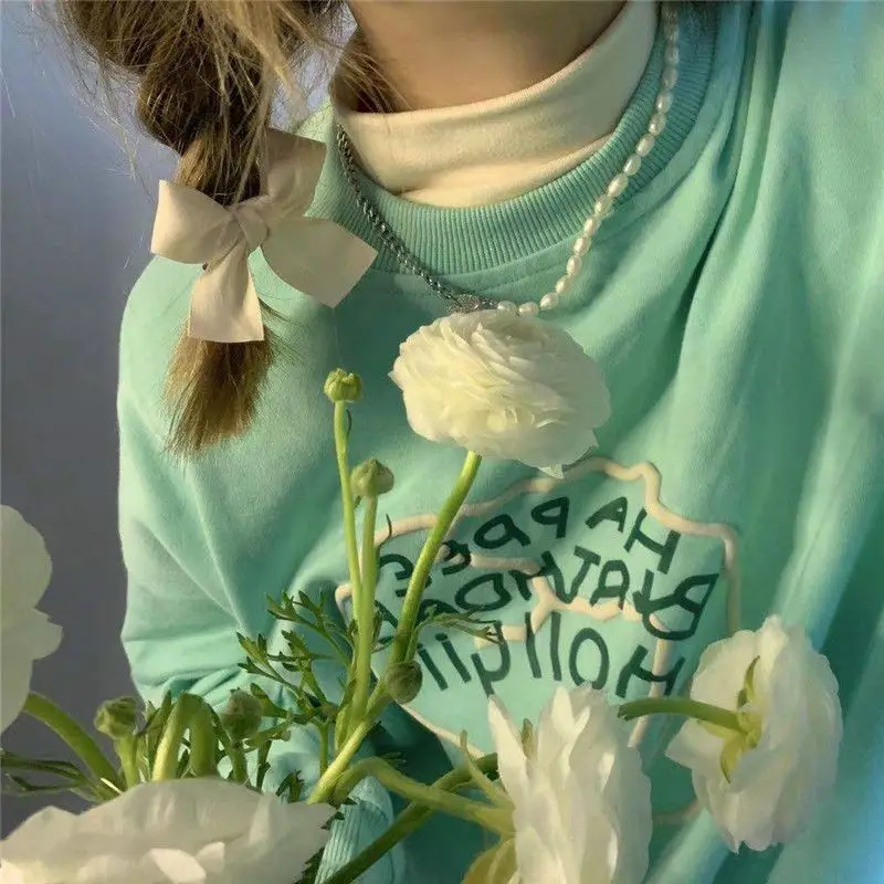 New Summer 2024 Women Refreshing Mint Green Vintage Colorful Loose Letter Printing Round Neck Casual All-match Long Sleeved Tops