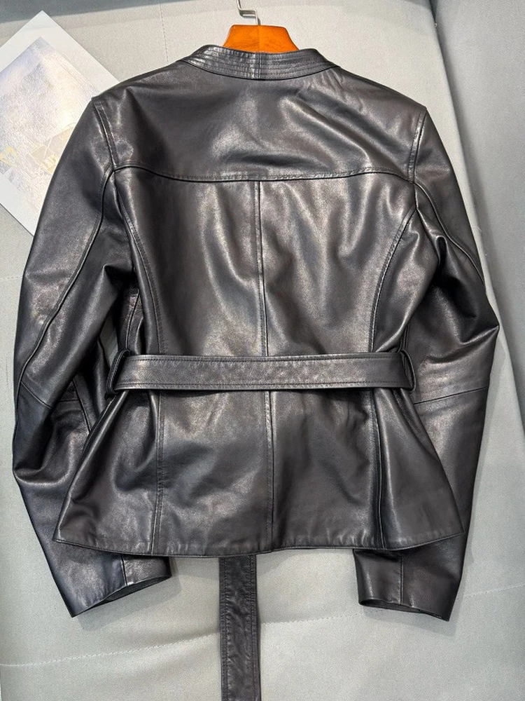2025 Spring Brand New Leather Jacket for Women V-neck 100% Sheepskin Slim Fit Coat With Belt Black Shirt Vestes Femmes