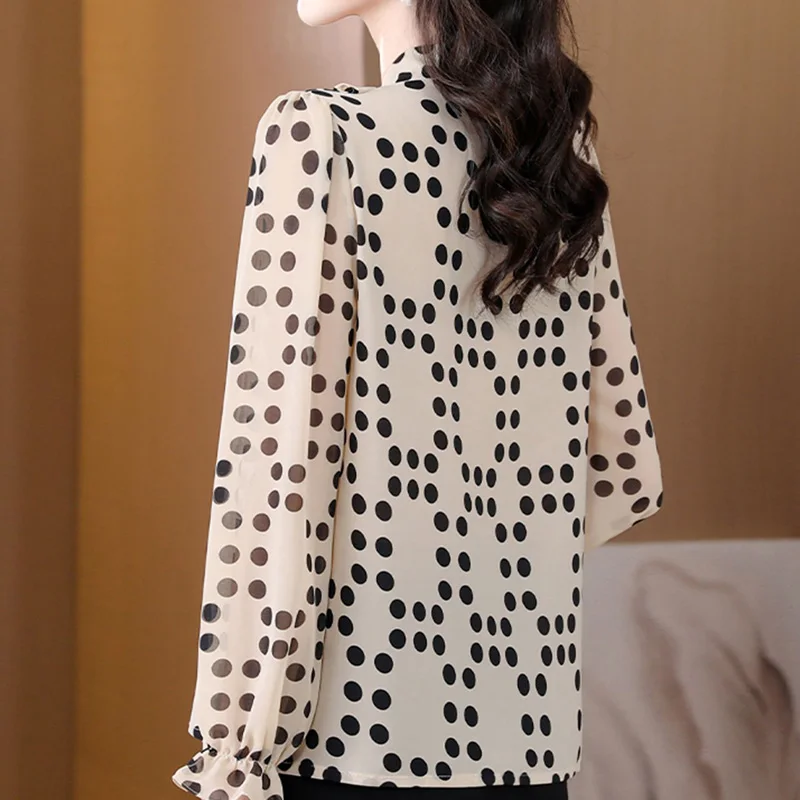 2024 New Summer Korean Style Elegant Fashion Loose Casual Office Lady Women\'s Shirt Chiffon V Neck Long Sleeve Polka Dot Tops