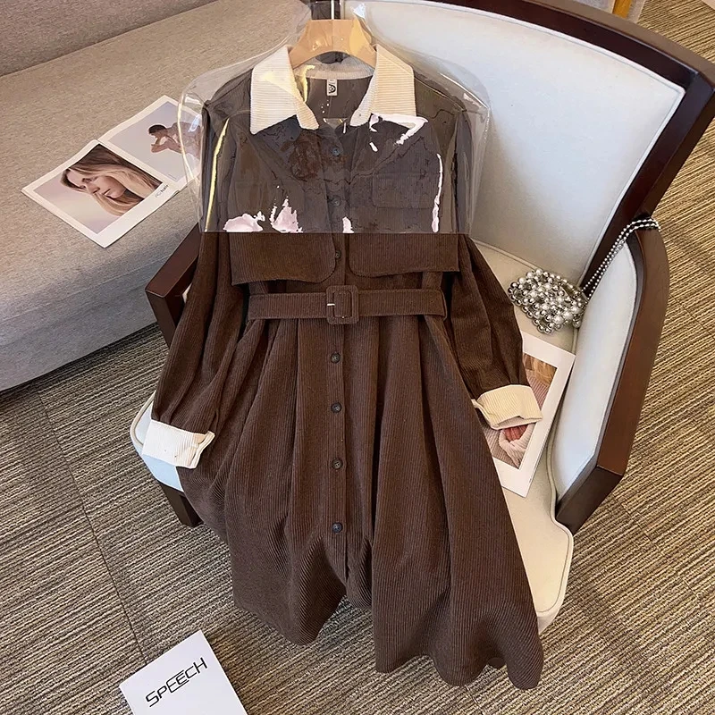 4XL Large Size Corduroy Fake Two Piece Dress Women Autumn Winter New Hepburn Style Slim Dress Ladies Patchwork Belt Dresses