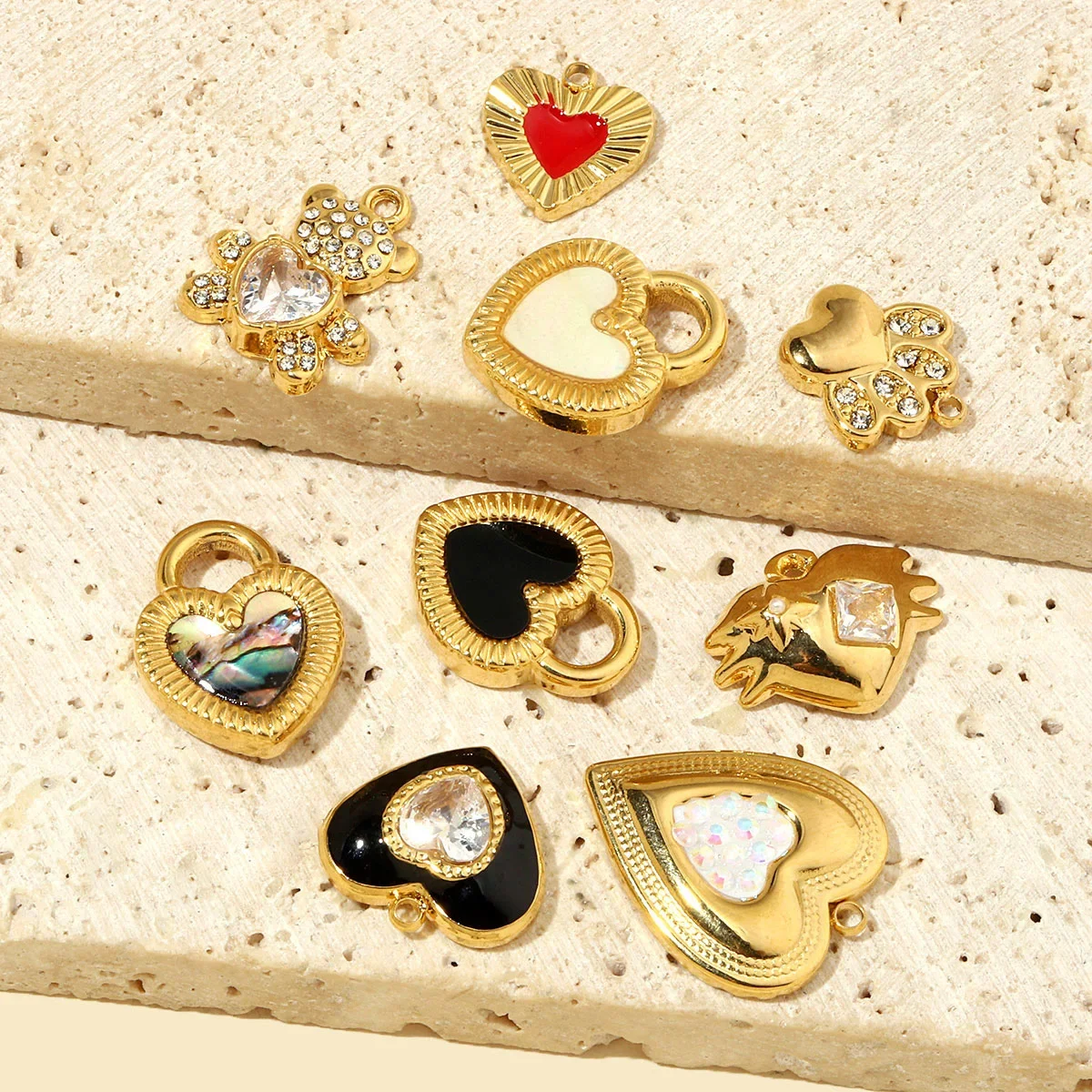 3pcs/Lot French Crystal Bear Paw Stainless Steel Bracelet Charms Women Enamel Heart Necklace Pendant Love Lock Jewelry