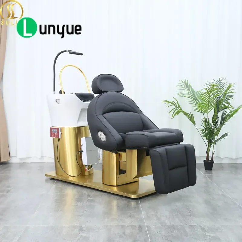 Modern Gold Electric Rotating Height Adjustable Beauty Shampoo Bed with Constant Temperature Water Circulation Steam
