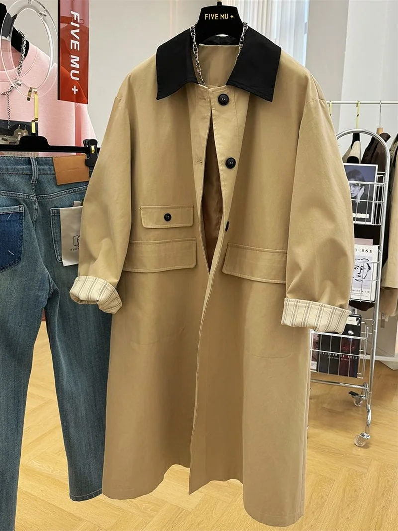 

Новинка 2025 года, высококачественная длинная ветровка с лацканами, женская весенне-осенняя свободная повседневная рабочая одежда в западном стиле