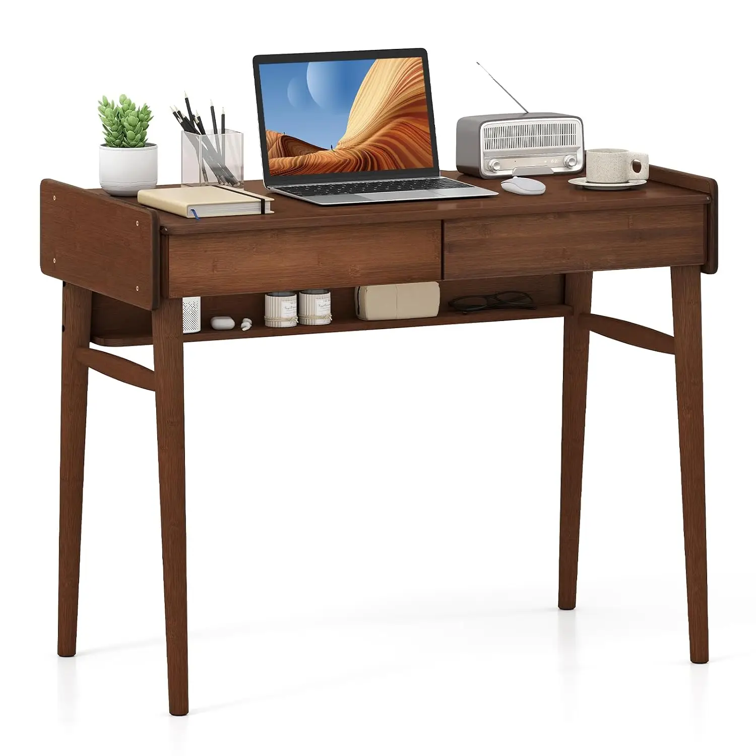 Mid Century Modern Bamboo Desk with 2 Drawers & Open Shelf, Vanity Table Workstation for Bedroom, Walnut, Customized