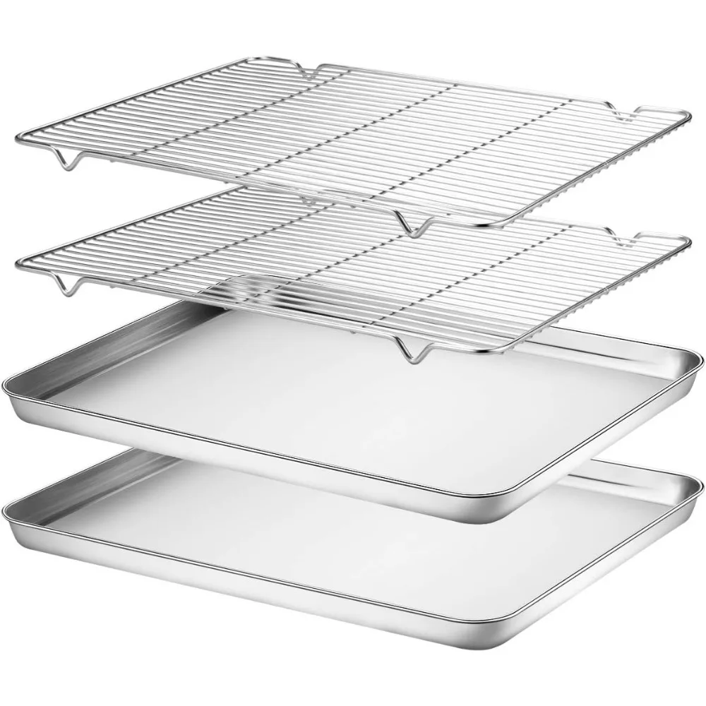 

Stainless Steel Baking Sheet & Cooling Rack Set, 2 Sheets + 2 Racks, Non-Toxic Heavy Duty Easy Clean Oven Pan