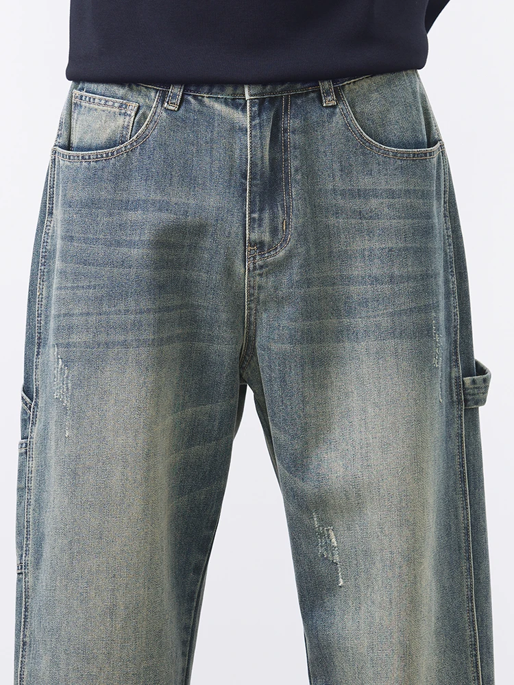 الشارع الشهير الهيب هوب الجينز الرجال خمر جيب تقسم ​ ​ واسعة الساق الأزياء السراويل البضائع الكورية Y2K فضفاض الخريف الدنيم السراويل