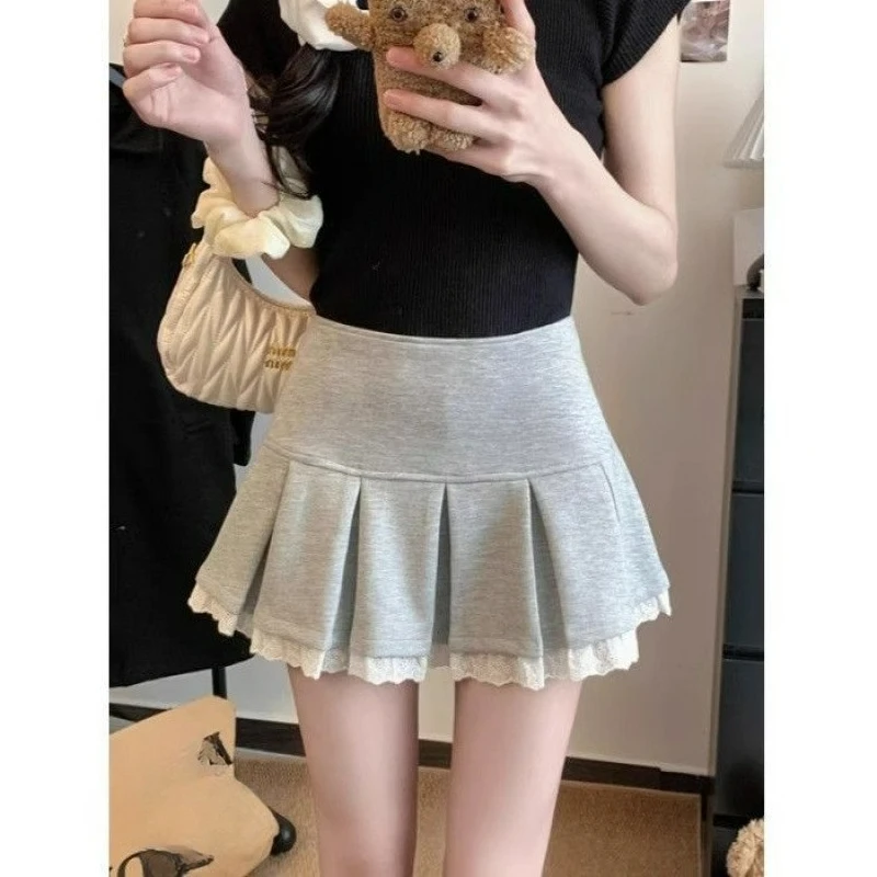 Lace Splicing Skirt Women's Spring Retro Pleated Skirt High Waist and Thin A-shaped Skirt