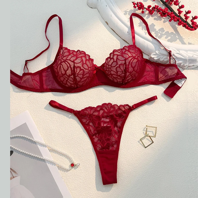 

Sexy Hot Lingerie Red Lace Underwear Female Ultrathin Bra and Panty Set Transparent Underwear Fantasy Pure Desire Lingerie Set