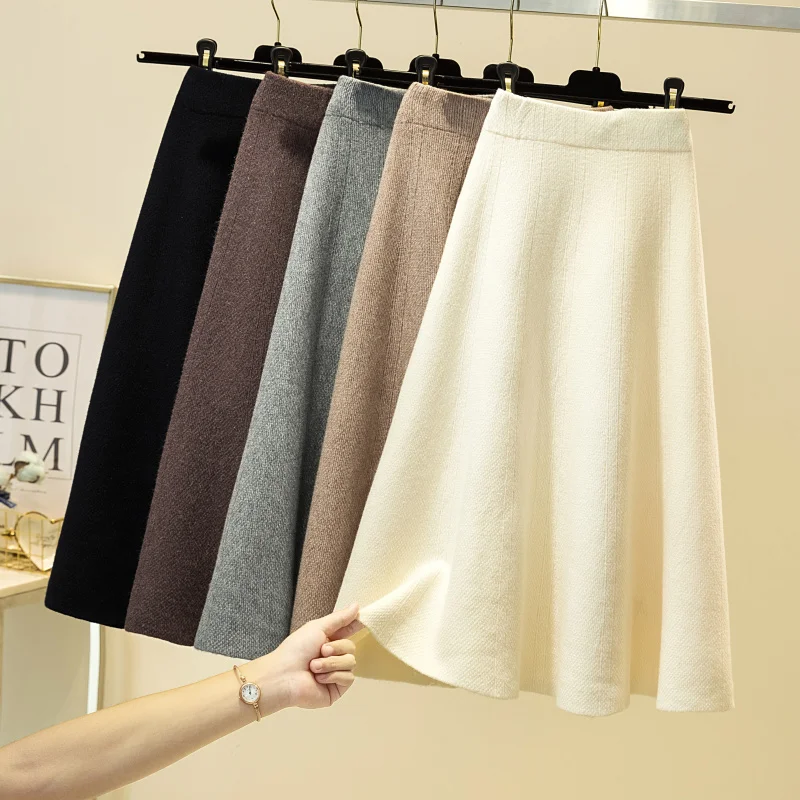 Women's 2023 Winter Wool Knitted Skirts Autumn Mid-Length High Waist A- Line Knit Cotton Retro Slim Pleated Skirt For Women