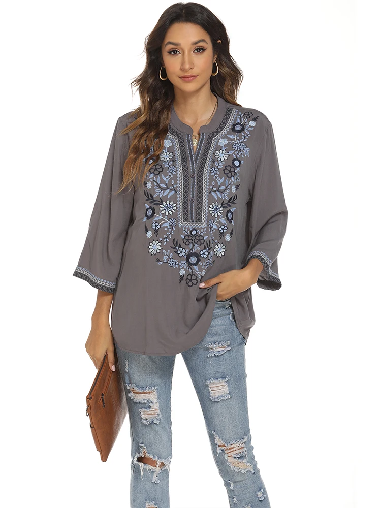 KHALEE YOSE Boho Embroidery Long Blouses Grey Flroal Boho Vintage Chic Blouse Summer Blouse Mexican Women 2 3xl Ethnic Shirts