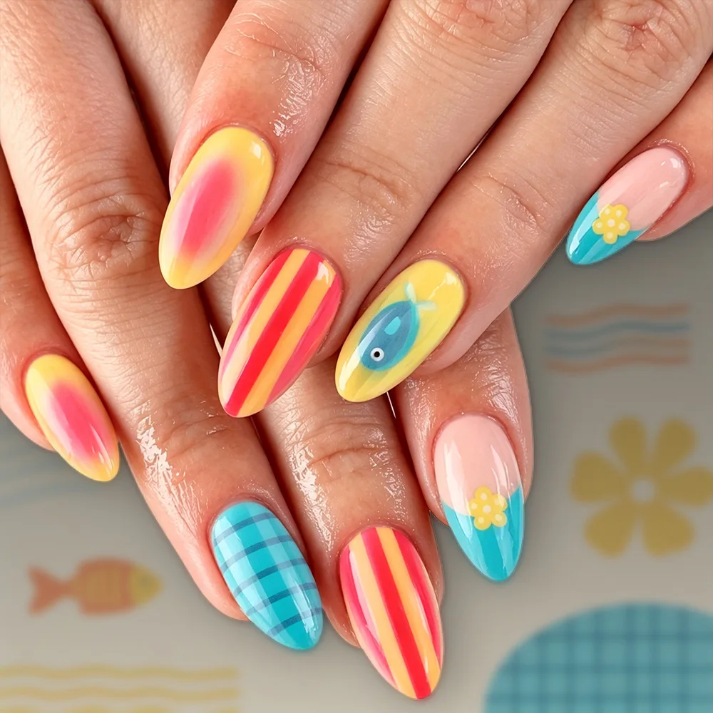 

24Pcs fake nail art, summer dopamine ocean nail art patch hand-painted small fish stripes gradient color fresh vacation style versatile nail art, anniversary gift, perfect gift for women, birthday gift, holiday gift