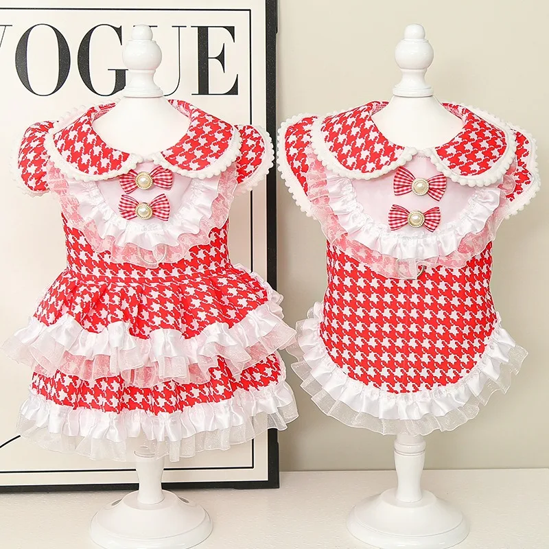 

Little Fragrance Teddy Skirt Plaid Fly Sleeve Pet Clothes Small and Medium Dogs Summer Breathable Dresses