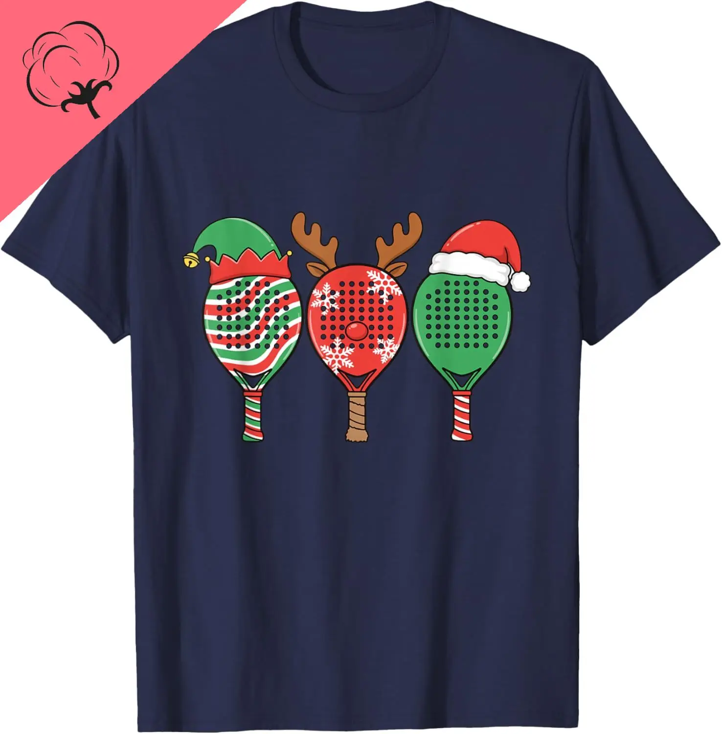 Cute Padel Racket Christmas Trio Elf Reindeer Santa Padel T-Shirt Men and Women Short Sleeves Cotton Tee Funny Shirt