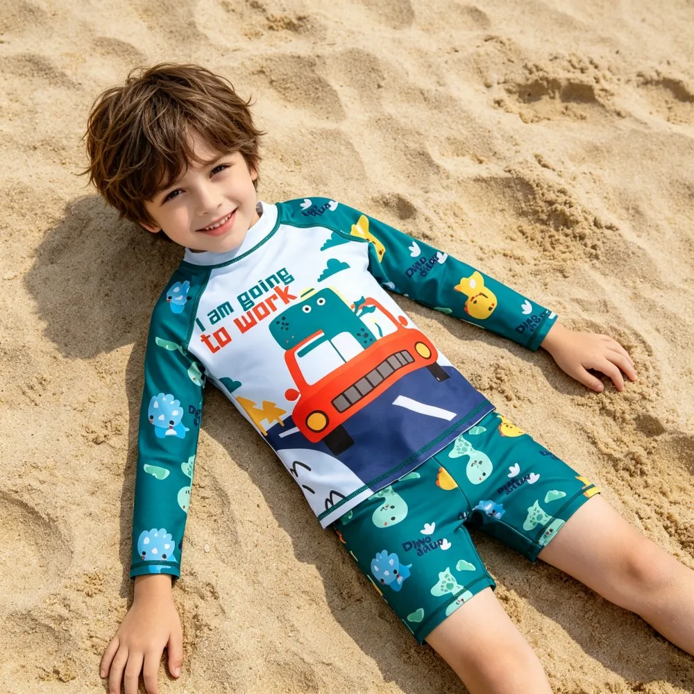 Roupa de Surf para Crianças Meninos de 2 a 11 Anos, Trajes de Natação para Meninas com Proteção Solar SPF 50+, Camisetas de Natação de Mangas Longas com Listras + Calções