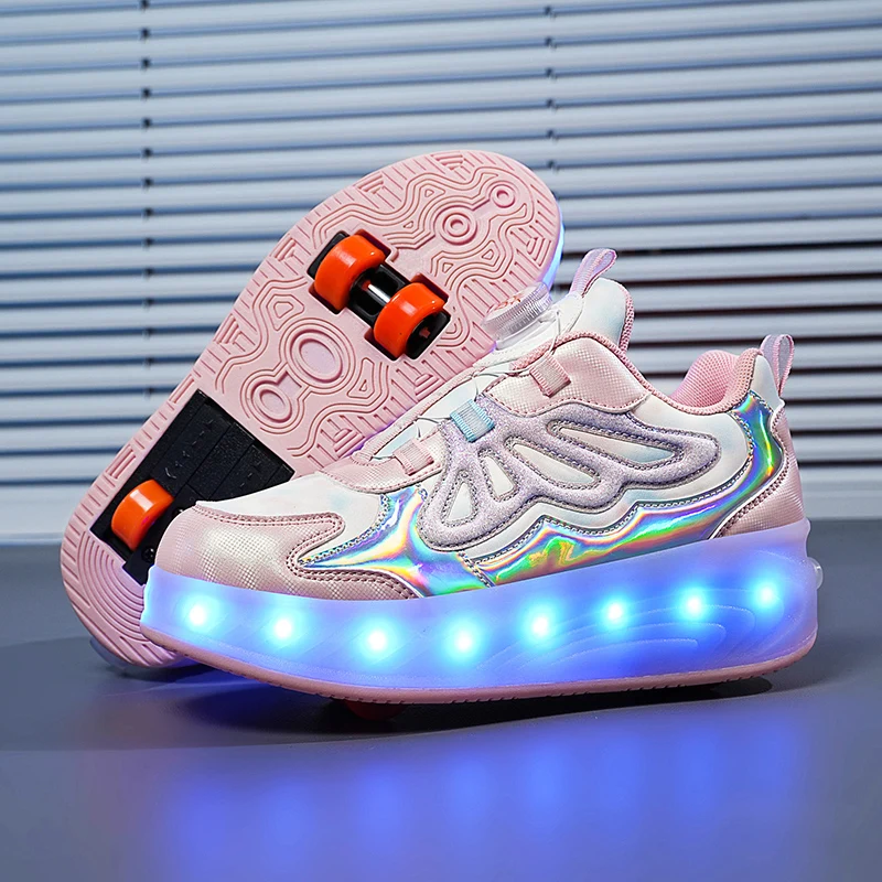 

Spring & Autumn 2025 Wheel Shoes for Girls New: Rotating Buckle Light-Up Sneakers, Older Kids' Roller Skates