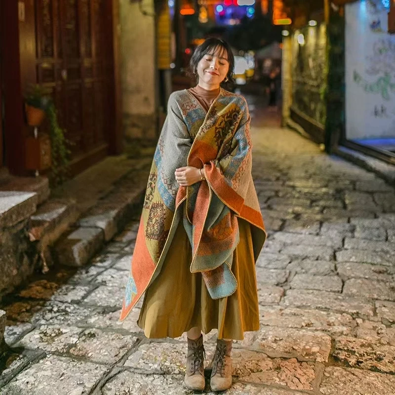 

New Blanket Scarf Fall Winter Thick Wrap Poncho Women Ethnic Style Travel Shawl Imitation Cashmere Capes National Wind