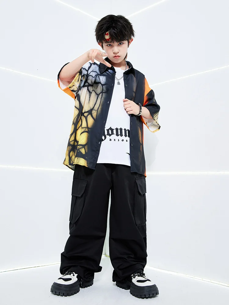 Kinder Hip Hop Dance Kostüm Kurzarm Shirt Cargo Hosen Street Dance Kleidung Jungen Mädchen Jazz Drum Show Bühne Kleidung Sets