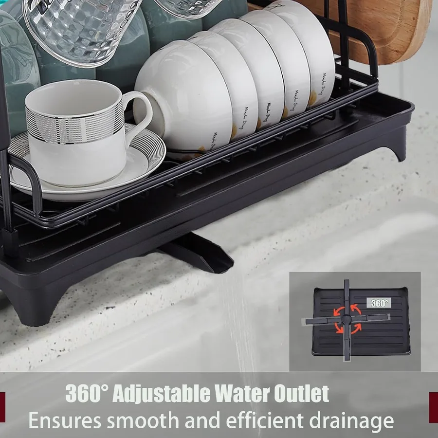 Rak Pengering Piring 2 Tingkat Rak Piring untuk Meja Dapur Rak Pengeringan Besar dengan Organizer Pengering Piring Tahan Karat Papan Pembuangan dengan