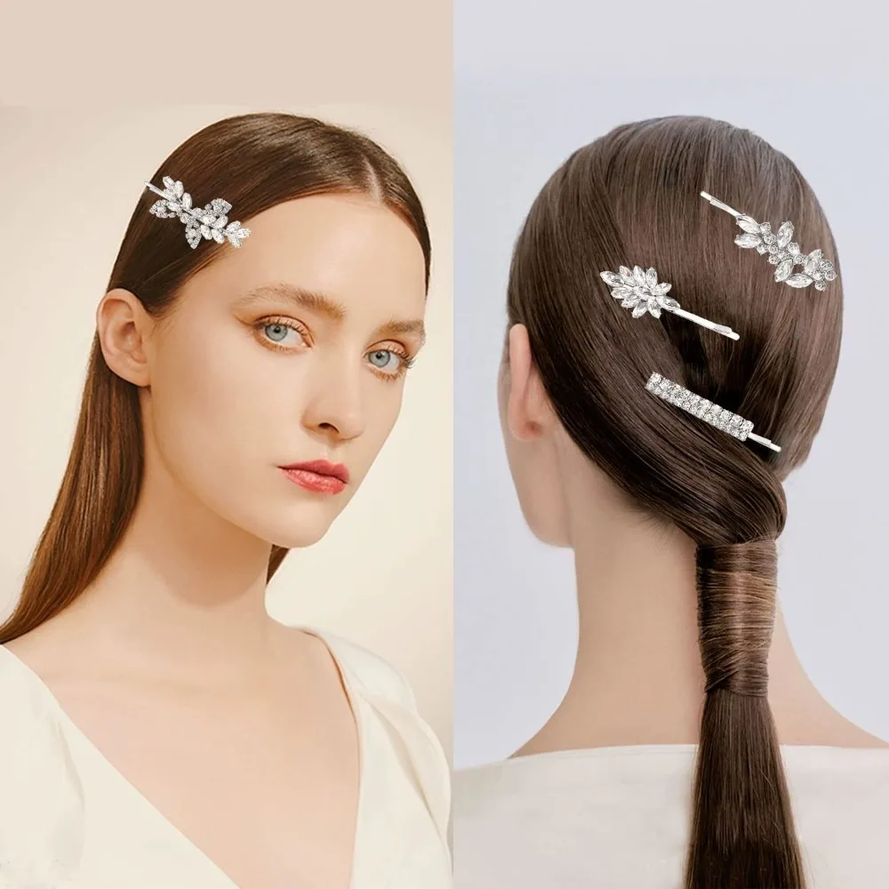 4 قطع من مشابك شعر الزفاف، إكسسوارات شعر من حجر الراين، دبابيس شعر زفاف على شكل أوراق شجر، دبابيس شعر كريستالية، مجوهرات دبوس شعر فضي