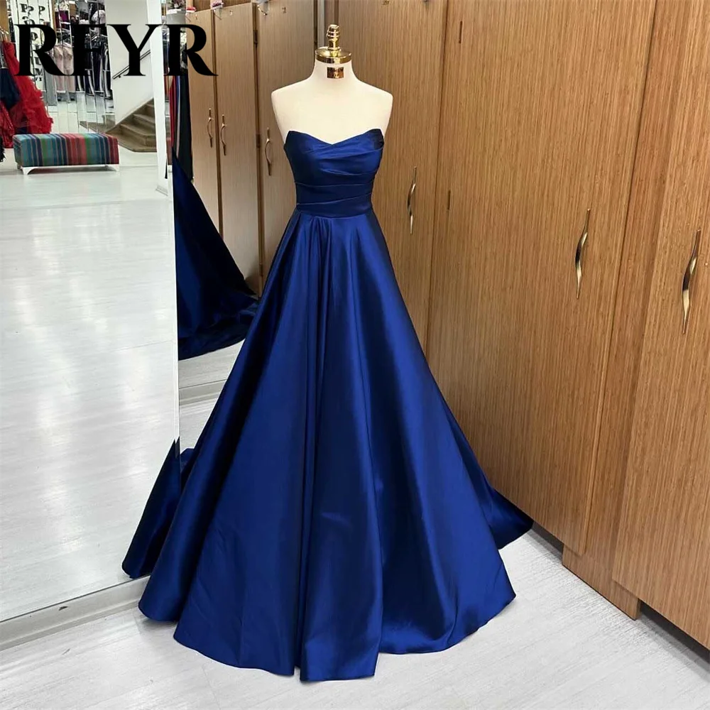 

RFYR Simple Blue Long Party Dresses A-Line Sexy V-Neck Night Dresses Pleats Satin Sleeveless Celebrity Dress vestidos de fiesta