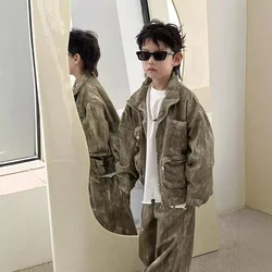 Set di vestiti per bambini 2024 primavera e autunno nuovo ragazzo personalità della moda cappotto a maniche lunghe pantaloni casual bel set di due pezzi