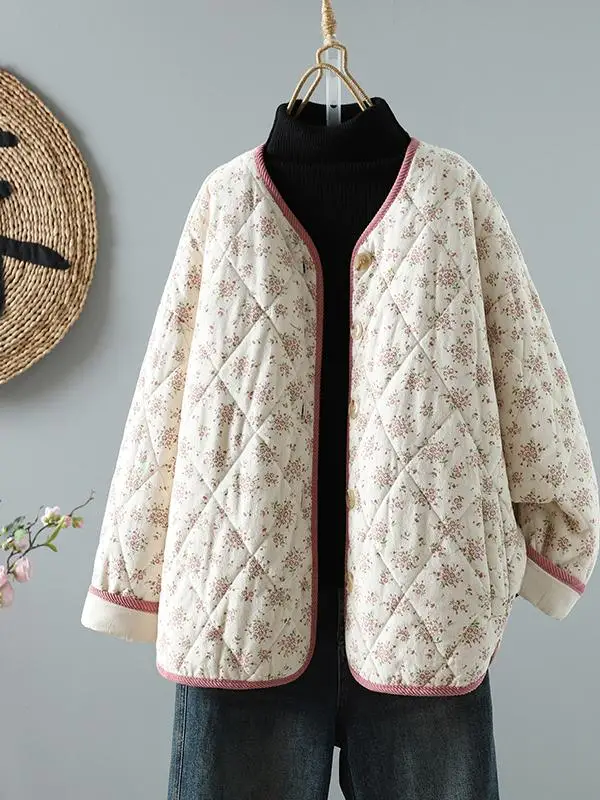 티엔드 쏘운 코튼 자켓 따뜻한 아우터웨어 루즈핏 다용도 오픈 버튼 순면 충전 프린트 디자인 출퇴근용 코트