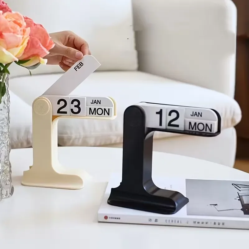 Modern Rotating Desk Calendar Minimalist White Black Planner With One-Touch Control And Rotatable Base For Office Desktop Decor