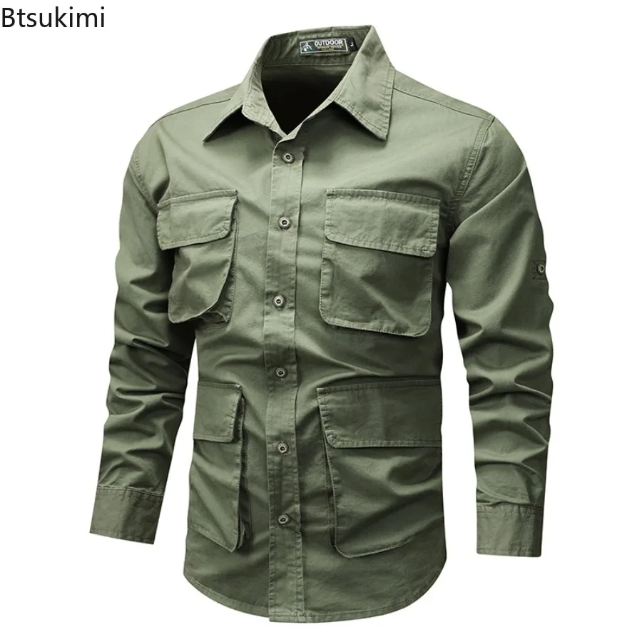 New 2026 Men's Multi-pockets Cargo Shirts High Quality Cotton Long Sleeve Shirt Tops Outdoor Casual Tooling Shirts for Men M-5XL