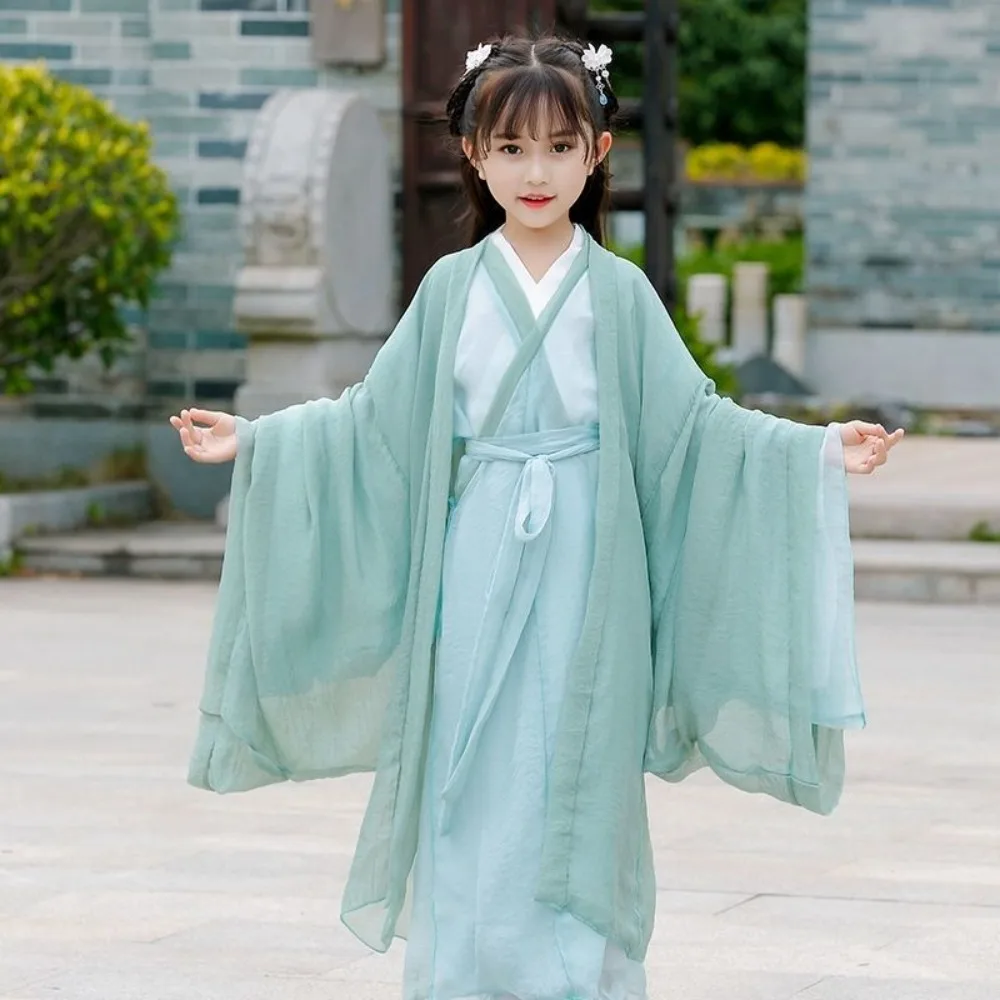 

Детский комплект Wei Jin Hanfu — традиционный китайский халат с рукавами и прямым подолом, дышащий хлопковый костюм для выступлений для девочек