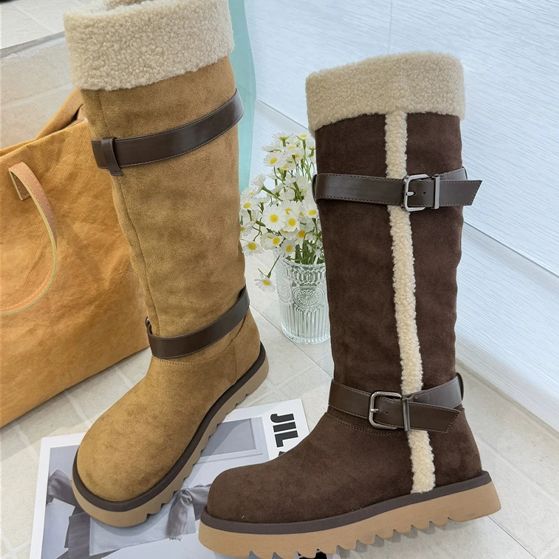 

Flats Women's High Boots Fashion Warm Shoes Suede Short Plush Winter Cotton Boots 2025 New Designer Knee High Snow Botas Mujer