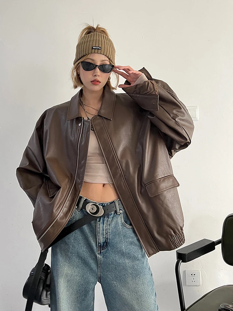 جاكيت نسائي من الجلد الصناعي ، معطف بني للدراجات النارية ، ملابس خروج كورية فضفاضة للشارع ، ربيع وخريف للإناث ، جديد ، عتيق ،