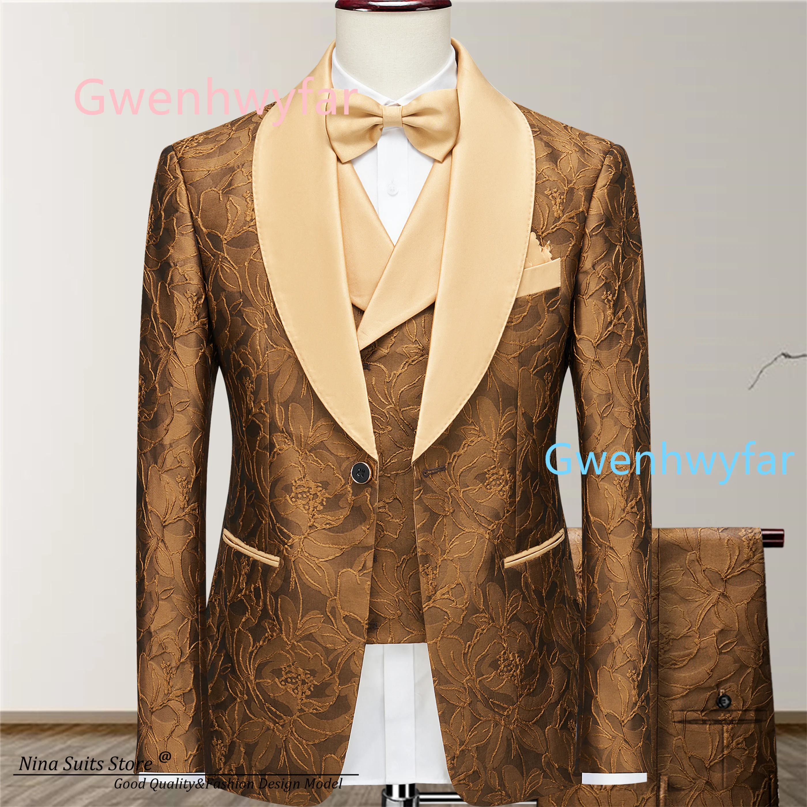 

Gwenhwyfar Brown and Gold Peony Jacquard Suit 3-piece set, Featuring Men's Party Tuxedos Performance Set, Wedding Groomsman Suit