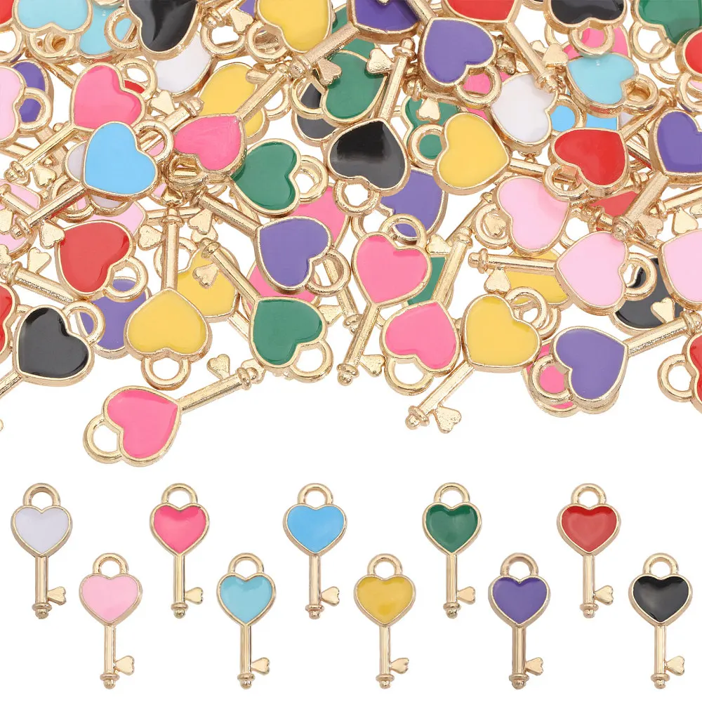 100 Pcs 10Colors Heart Key Charms Alloy Key Charms with Heart Enamel Pendant for Jewelry Making Metal Key Pendant for Valentine