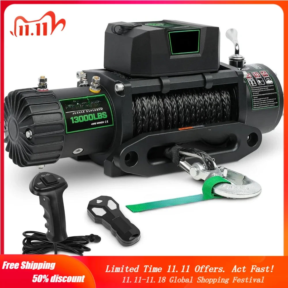 

13000lb Electric 12V Waterproof Electric Synthetic Rope Winch with Wireless Handheld Remote and Corded Control