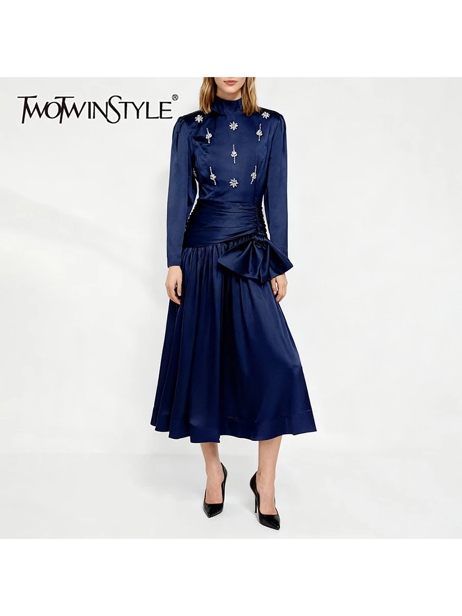 

TWOTWINSTYLE Solid Spliced Bead Temperament Dresses for Women Stand Neck Long Sleeves Tunic Patchwork Bowknot Dress Female New