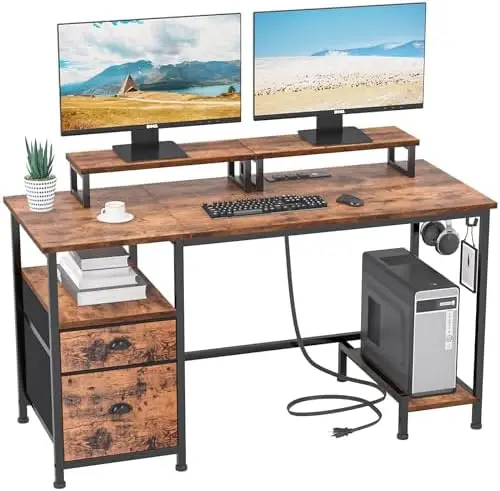 

Computer Desk with Drawer and Power Outlets, 47" Office Desk with 2 Monitor Stands and Fabric File Cabinet, Writing Gaming Table