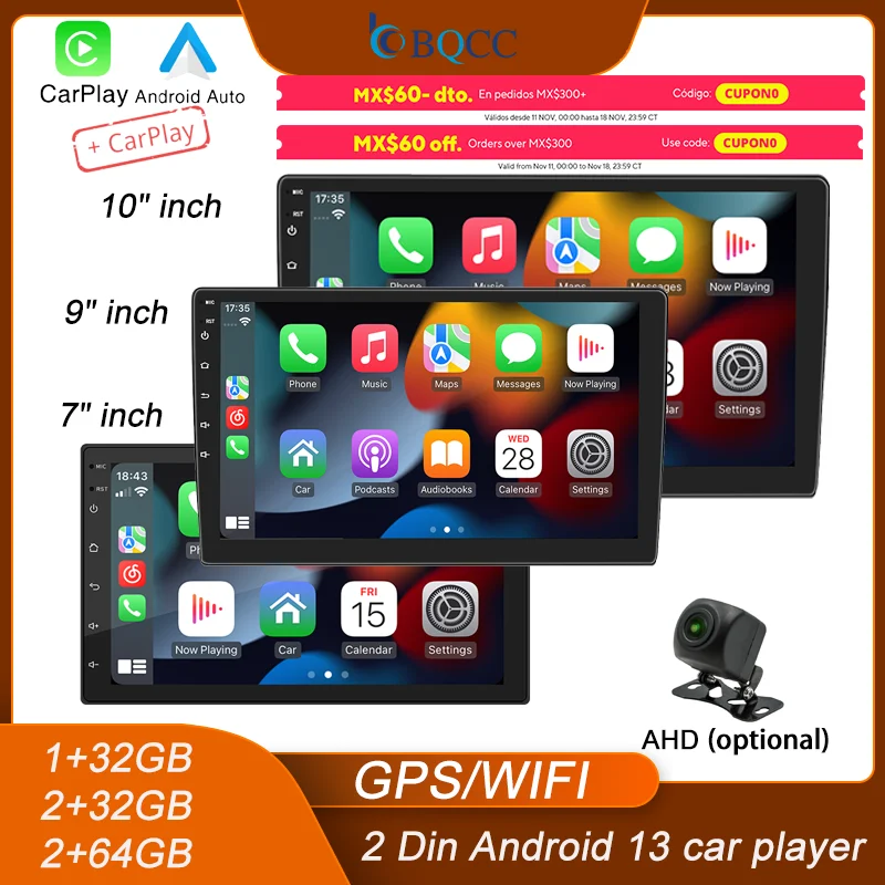 BQCC 4core 2 Din Car Radio Androidauto Carplay Android 13 GPS Car Audio 7