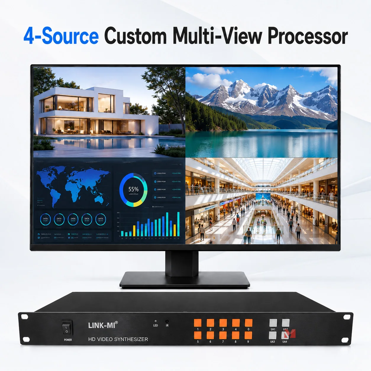 4x1 HDMI VGA CVBS 1080p HD Video Synthesizer USB Video Switcher Multi-Format Signal 4 IN 1 OUT HDMI Multiviwer for PC TV