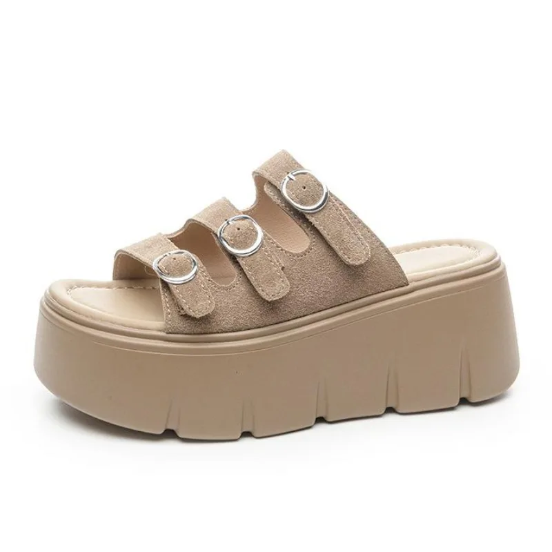 

7CM Suede Synthetic Microfiber Genuine Leather Sandals Summer Slipper Flats Women Chunky Sneakers Slippers Platform Wedge Shoes