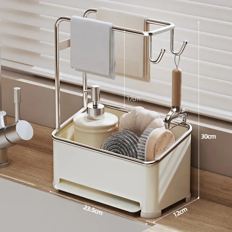 Kitchen wipes, racks, stainless steel cleaning utensils, storage racks, countertops, sinkside, dishcloths, sponges