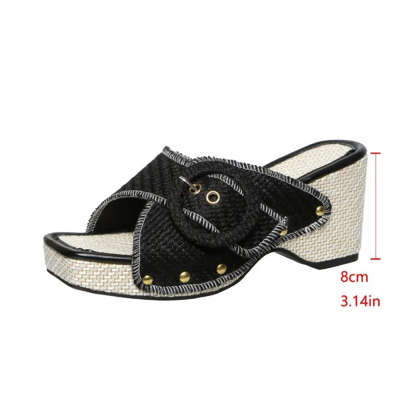 

Women'S Thick Heel Metal Buckle Slippers with Straight Strap Beach Sandals Western Cowboy Style Chunky Heel Platform Slippers