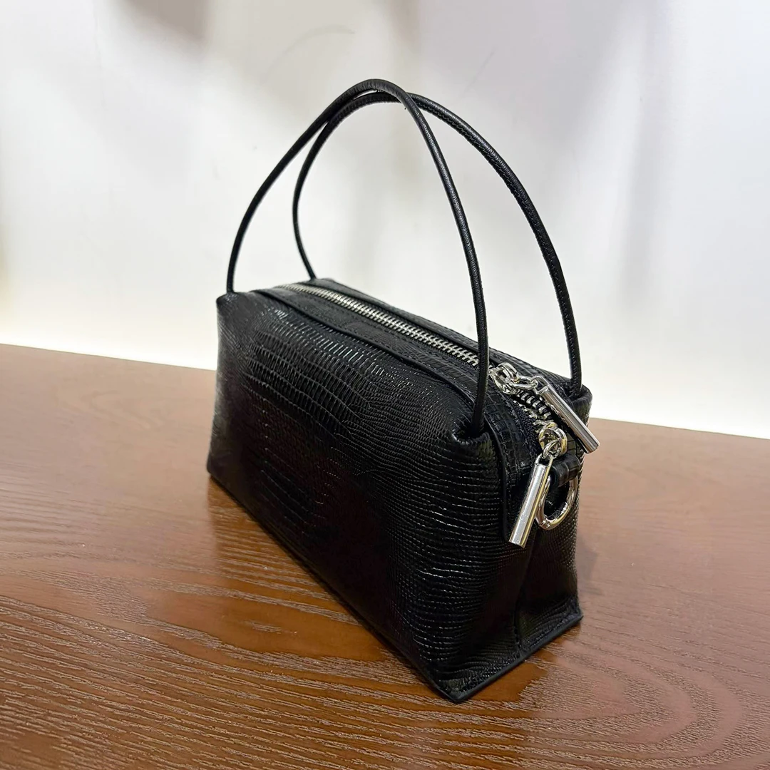 Mendy Genuine Leather Mini Bag Women Snake Pattern Double Top Handle Zipper Silver Hardware Structured Luxury Designer Original