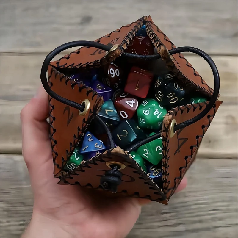 PU Leather D20 Dice Bag Portable Drawstring Bag For RPG, Game, DND Dice Bag, Brown