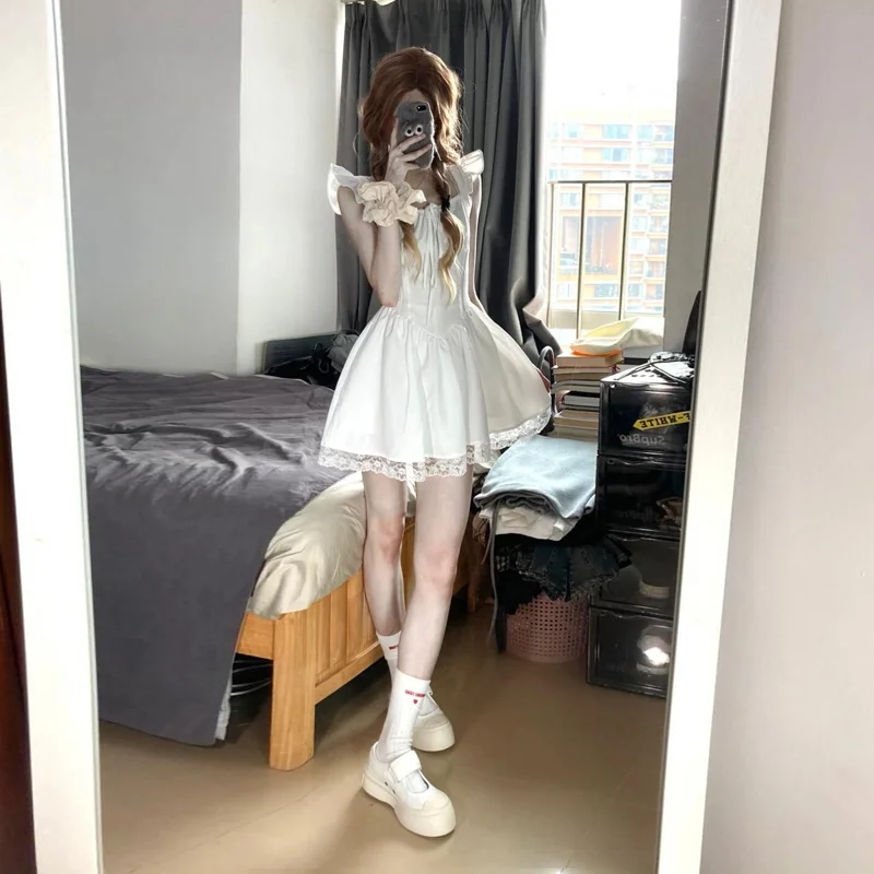 robe-courte-style-ballet-pure-desir-premier-amour-jupe-laitee-douce-manches-en-dentelle-Elegantes-et-belles-taille-haute-melange-de-coton