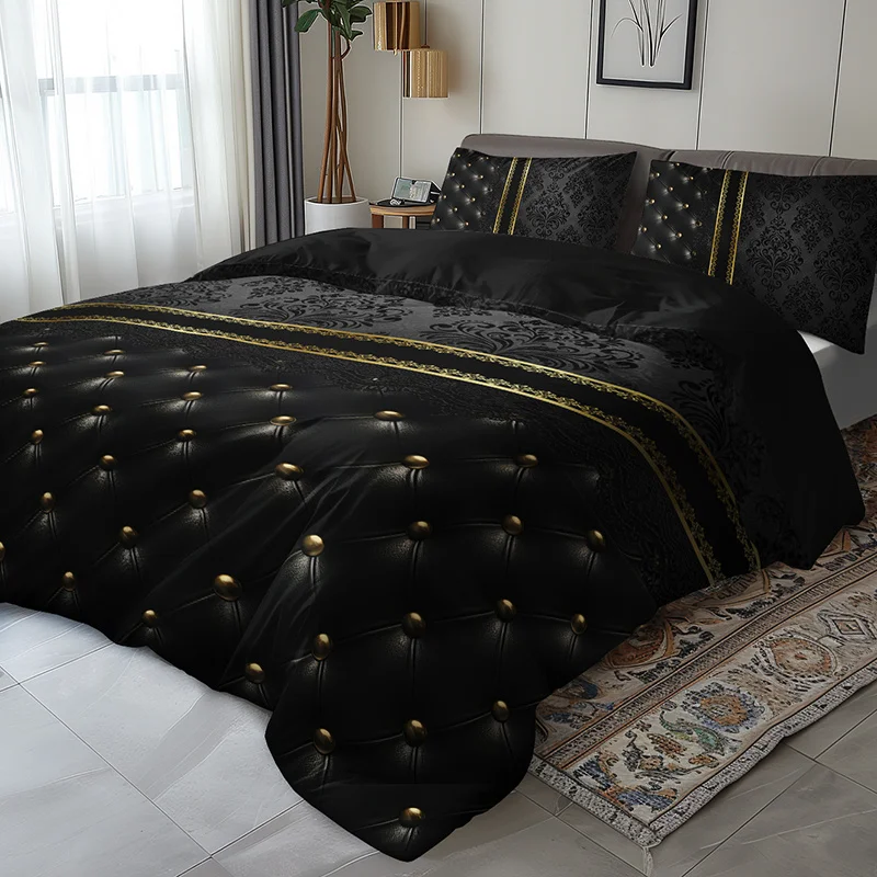 Luxury Black Golden Jacquard Duvet Cover Set High Definition Print All-Season Bedroom Home Comforter Cover with Texture Pattern
